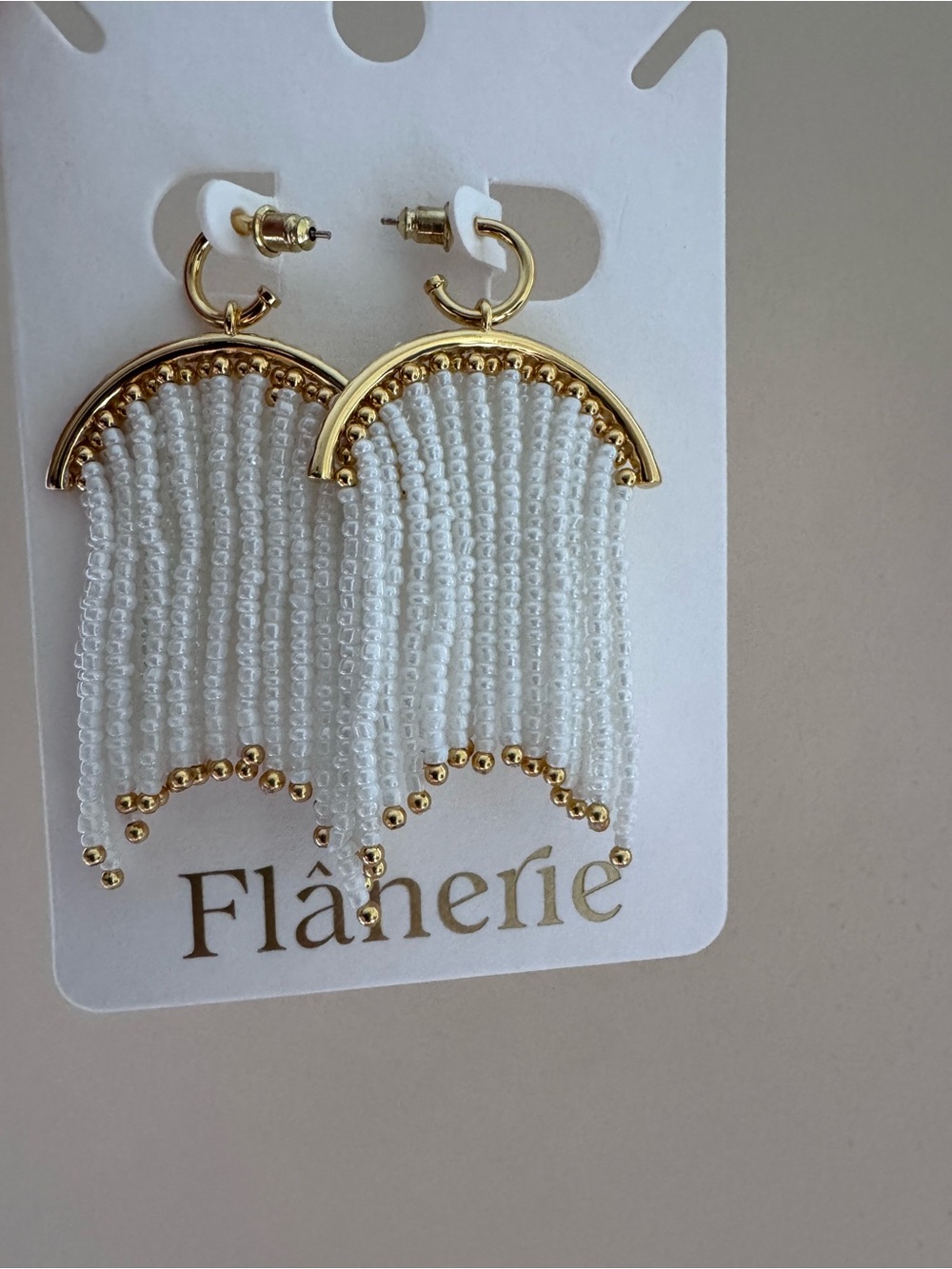 White Beaded Fringe Earrings with Gold Accents